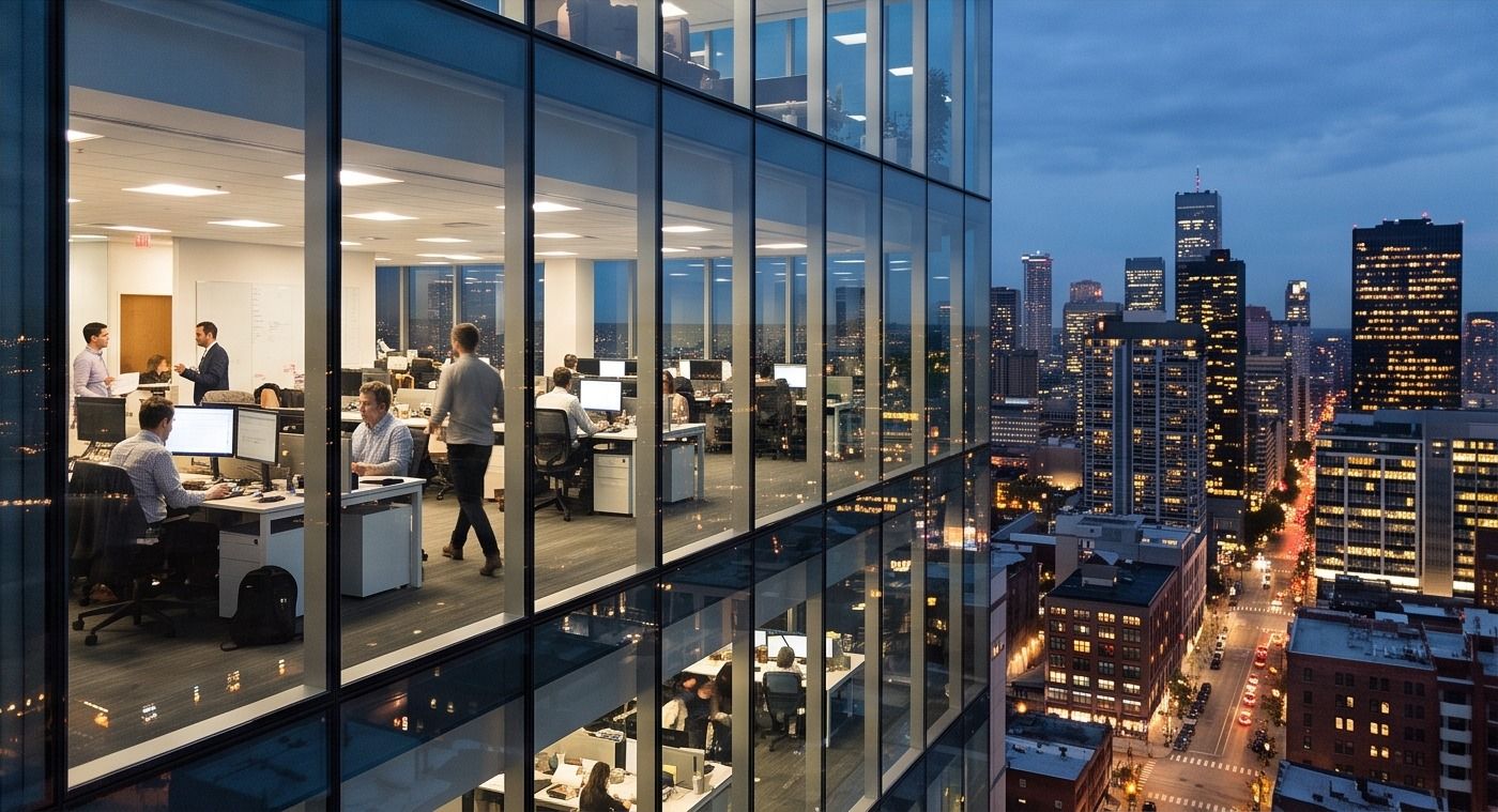An office building at dusk